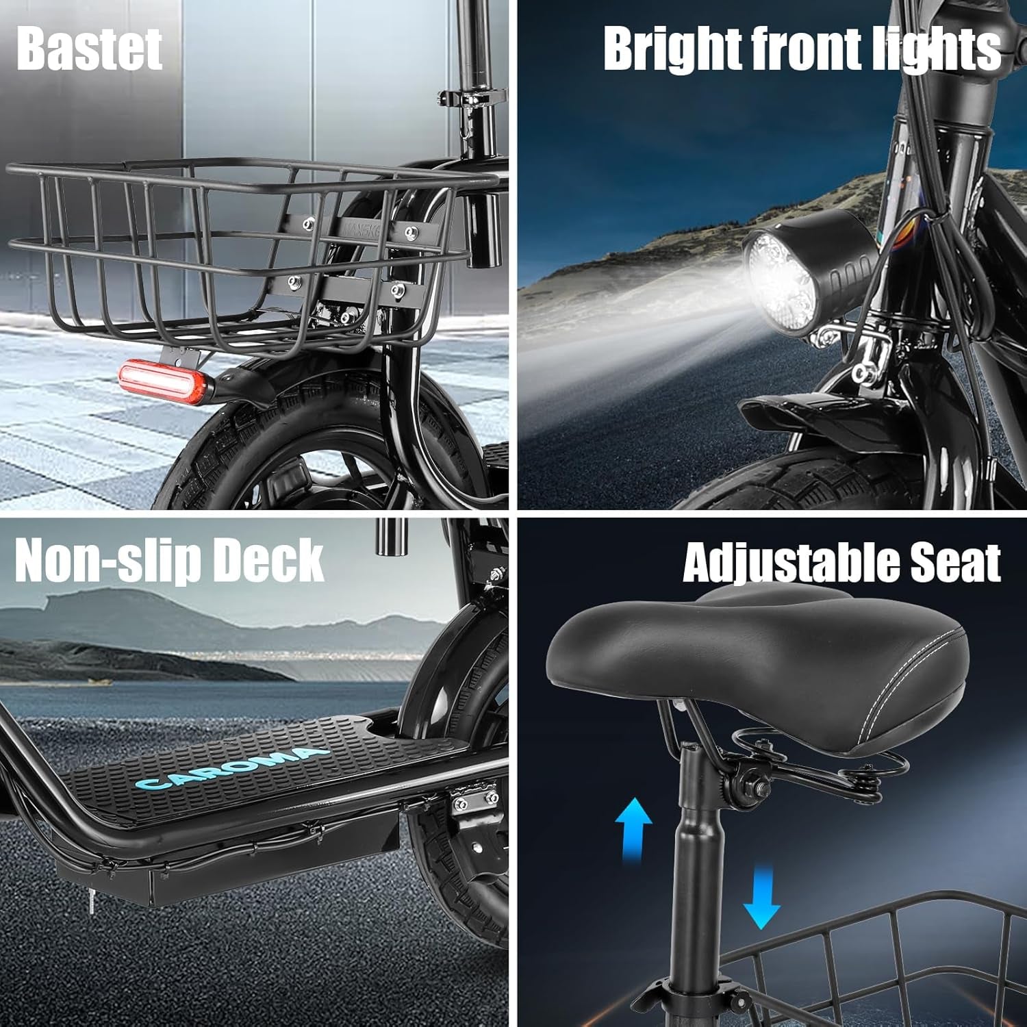 Electric Scooter for Adults with Seat, Max 30Miles Ranges, Top Speed 20Mph, 500/800/1200W Peak Motor, 14" Tire Foldable E-Scooter for Commuting with Basket, Dual Braking Dual Suspension