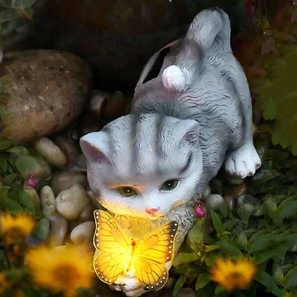 Cat Solar Garden Statue Cute Cat and Butterfly Figurine Housewarming Gift Solar Garden Statue Cat for Mom Grandma for Yard Patio