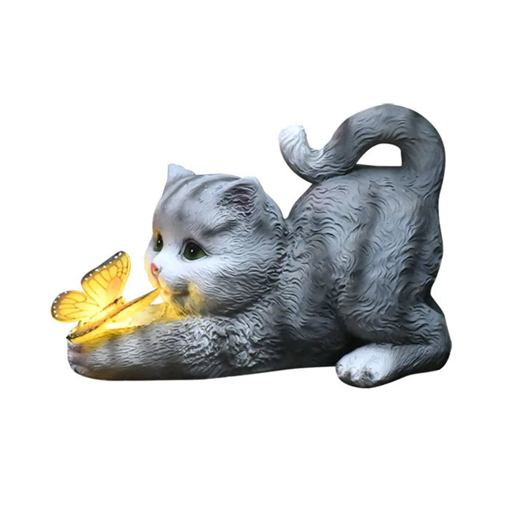 Cat Solar Garden Statue Cute Cat and Butterfly Figurine Housewarming Gift Solar Garden Statue Cat for Mom Grandma for Yard Patio