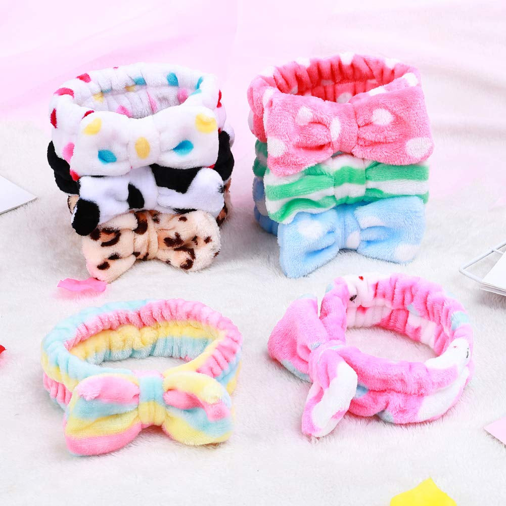 8 Pack Spa Headband, Coral Fleece Makeup Cosmetic Headband for Washing Face, Bow Headbands for Shower Terry Cloth Headbands for Women Facial Hair Band