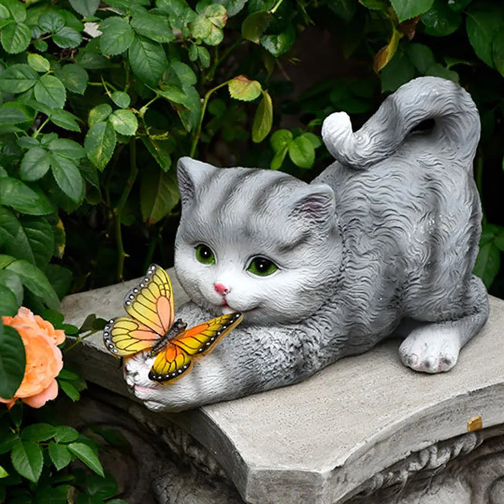 Cat Solar Garden Statue Cute Cat and Butterfly Figurine Housewarming Gift Solar Garden Statue Cat for Mom Grandma for Yard Patio