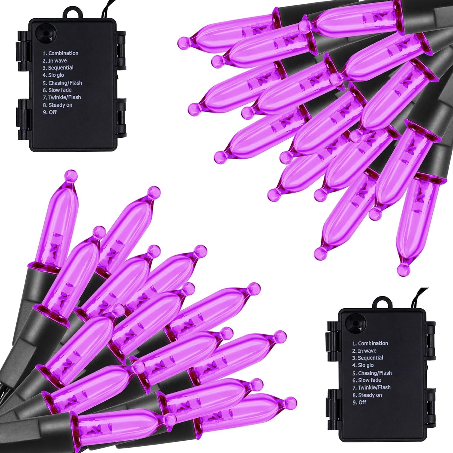 2 Pack Purple Halloween String Light, Battery Operated Lights 50 LED 16 FT String Light Waterproof Tree Lights with 8 Lighting Modes,Indoor Outdoor Patio Garden Halloween Decorations