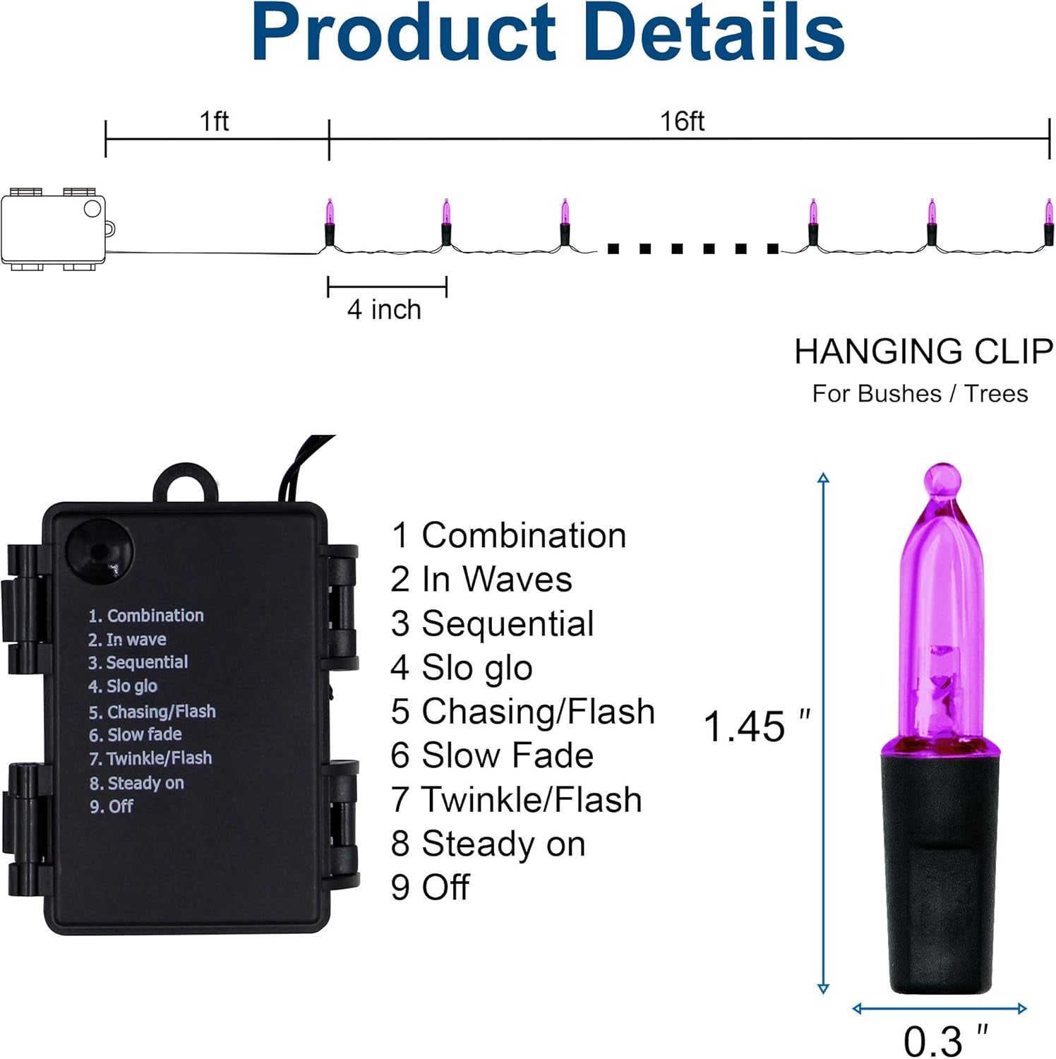 2 Pack Purple Halloween String Light, Battery Operated Lights 50 LED 16 FT String Light Waterproof Tree Lights with 8 Lighting Modes,Indoor Outdoor Patio Garden Halloween Decorations