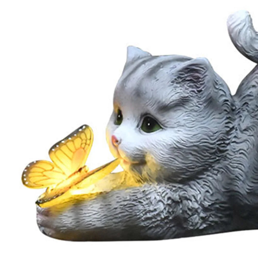 Cat Solar Garden Statue Cute Cat and Butterfly Figurine Housewarming Gift Solar Garden Statue Cat for Mom Grandma for Yard Patio