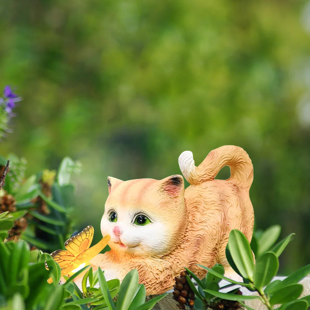 Cat Solar Garden Statue Cute Cat and Butterfly Figurine Housewarming Gift Solar Garden Statue Cat for Mom Grandma for Yard Patio
